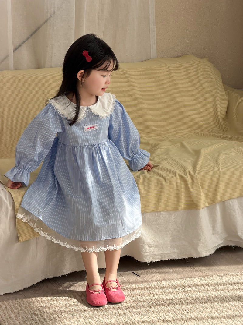 【90-140cm】條紋蕾絲棉布裙洋裝