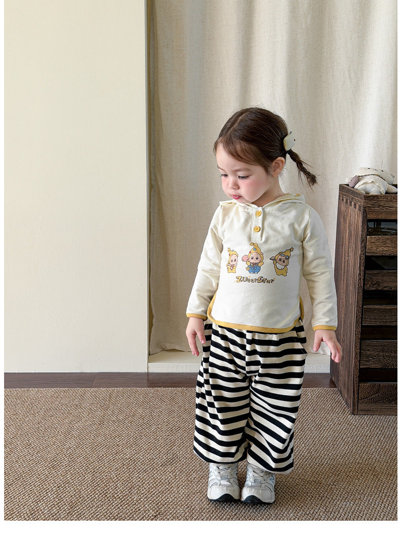 【73-110cm】星星連帽長袖 | 黃色針織開衫 | 條紋束腳褲
