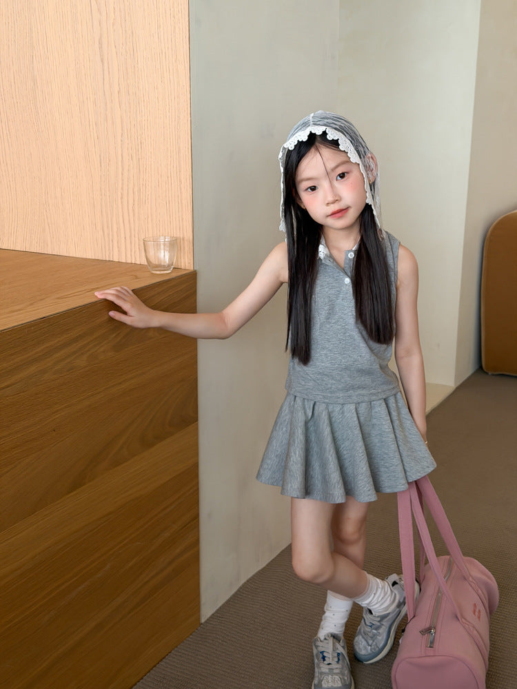【100-170cm】韓系學妹連帽蕾絲背心｜百褶半身裙