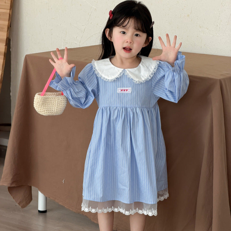 【90-140cm】條紋蕾絲棉布裙洋裝