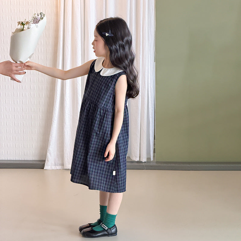 【100-170cm】韓系學院風復古格子娃娃領背心裙
