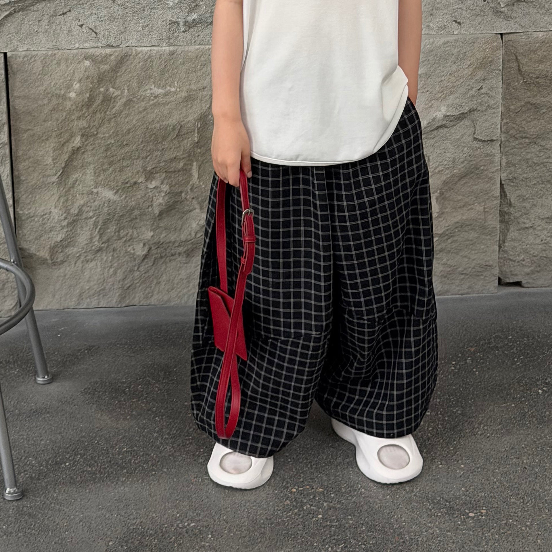【90-160cm】韓版休閒格紋長褲