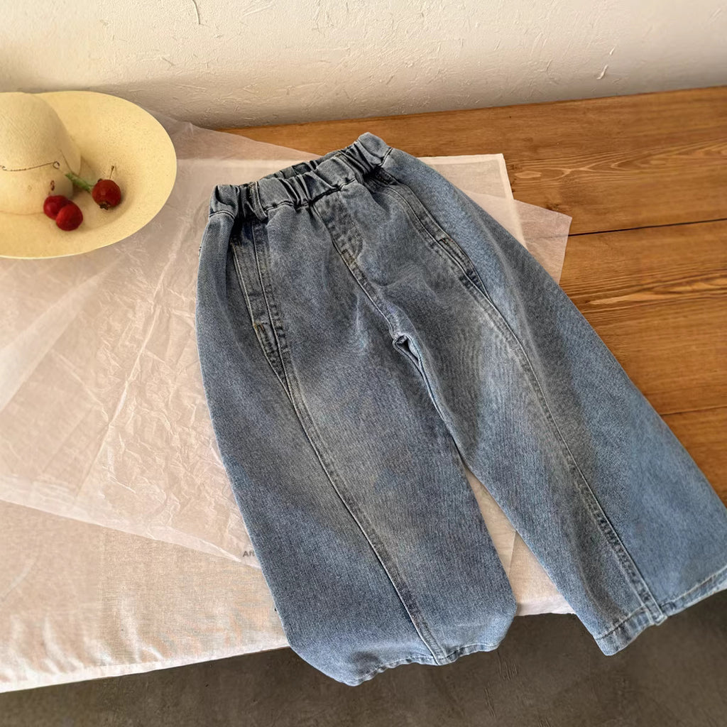 【90-150cm】拼槓牛仔褲寬鬆彎刀褲闊腿