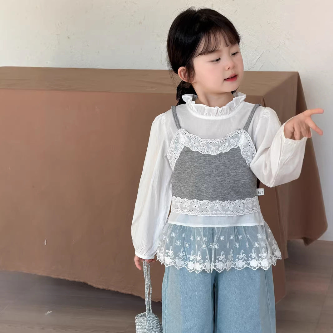 【90-140cm】小清新蕾絲花邊吊帶襯衫