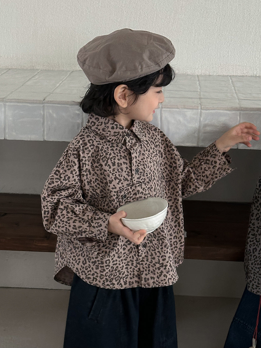 【80-140cm】復古港風豹紋襯衫
