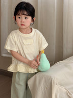 【90-140cm】荷葉邊蕾絲口袋短袖上衣