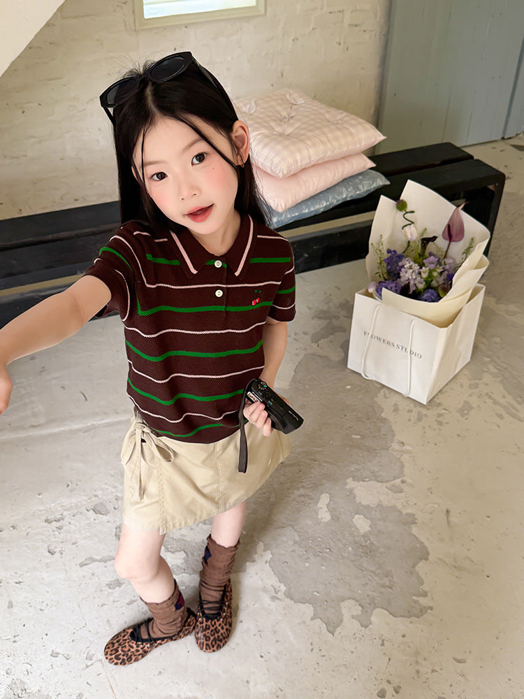 【100-170cm】條紋刺繡櫻桃POLO衫