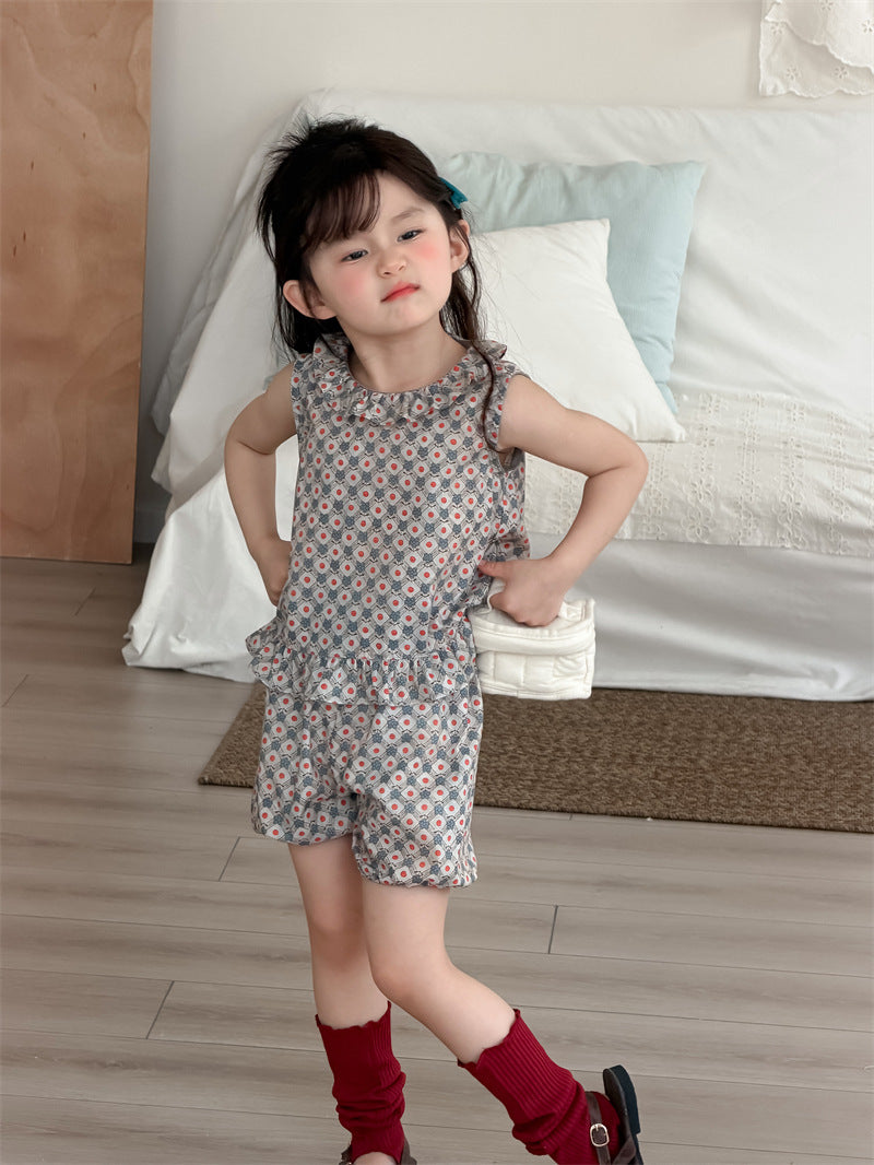 【80-130cm】復古印花無袖套裝