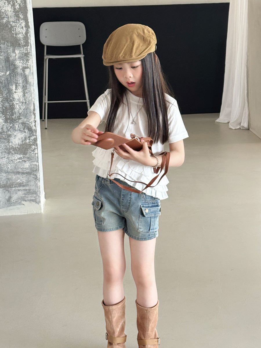 【100-130cm】復古做舊修身牛仔熱褲