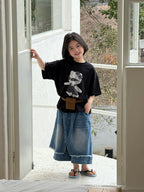 【120-160cm】不規則屁簾拼接寬腿七分牛仔褲