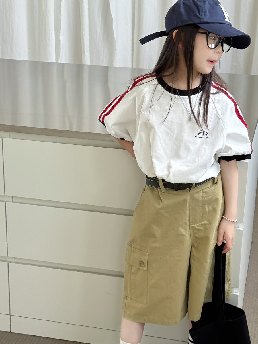 【100-150cm】卡其工裝休閒七分褲(附皮帶)