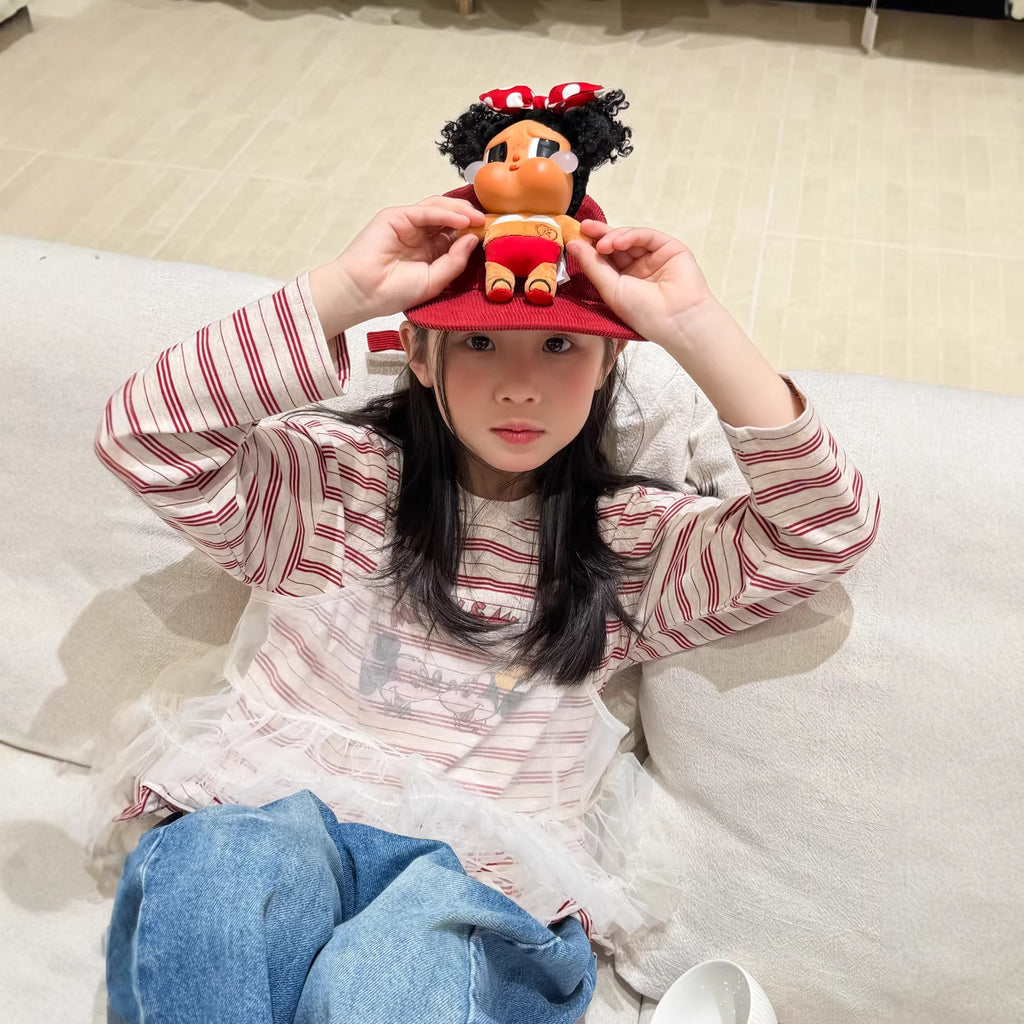 【100-160cm】百搭條紋米奇印花T+網紗兩件套