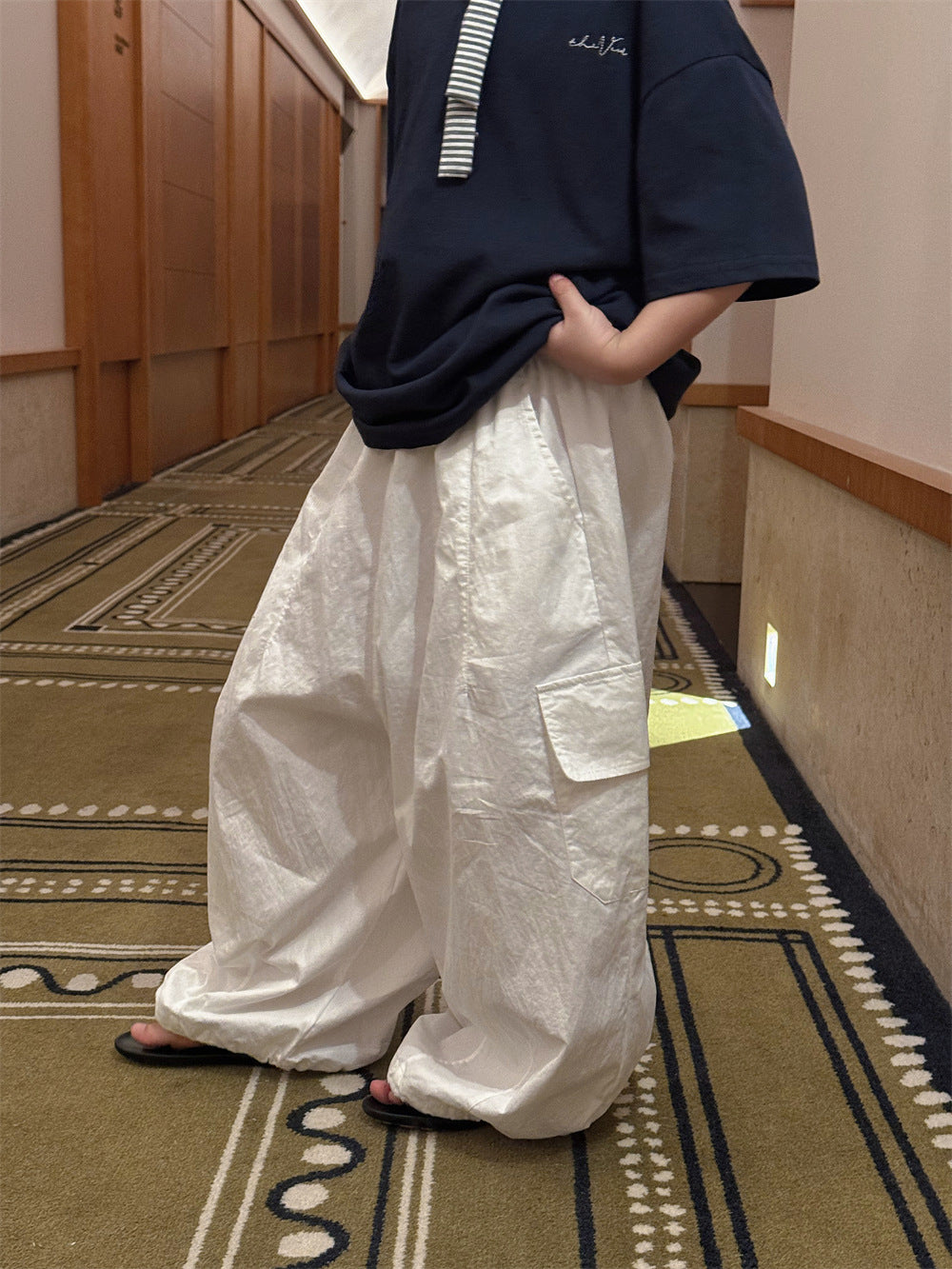 【100-160cm】韓版大口袋休閒闊腿褲