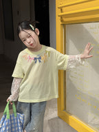 【100-170cm】氛圍感韓系甜美假兩件防曬蕾絲袖T