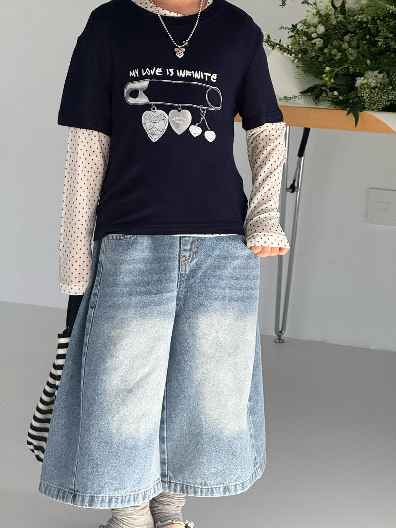 【120-160cm】過膝七分牛仔褲