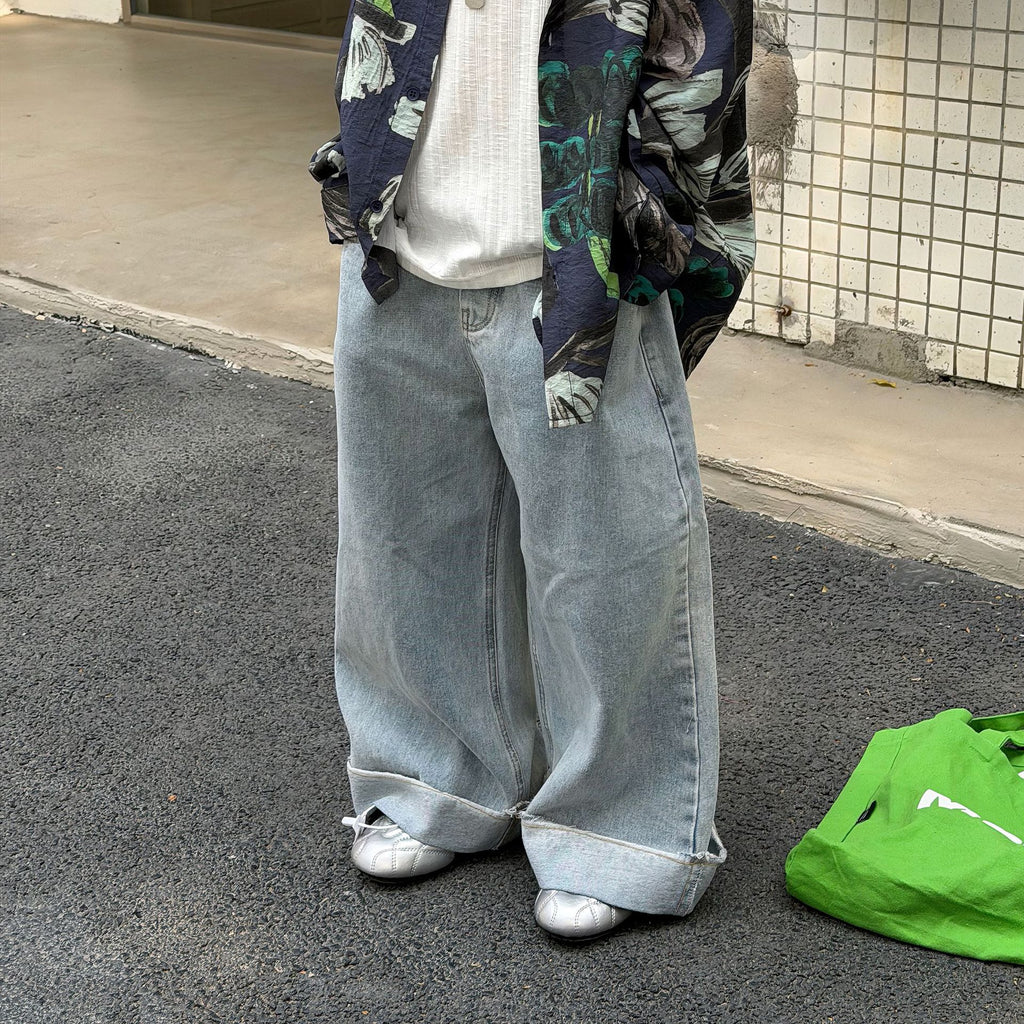 【90-160cm】韓版休閒翻邊水洗軟牛仔褲