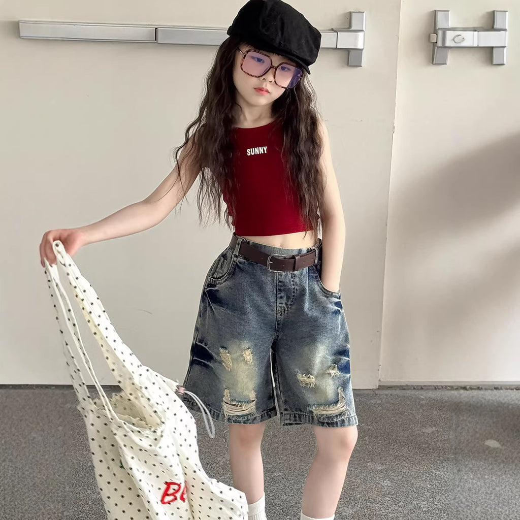 【100-150cm】美式復古做舊水洗破洞牛仔五分褲