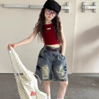 【100-150cm】美式復古做舊水洗破洞牛仔五分褲