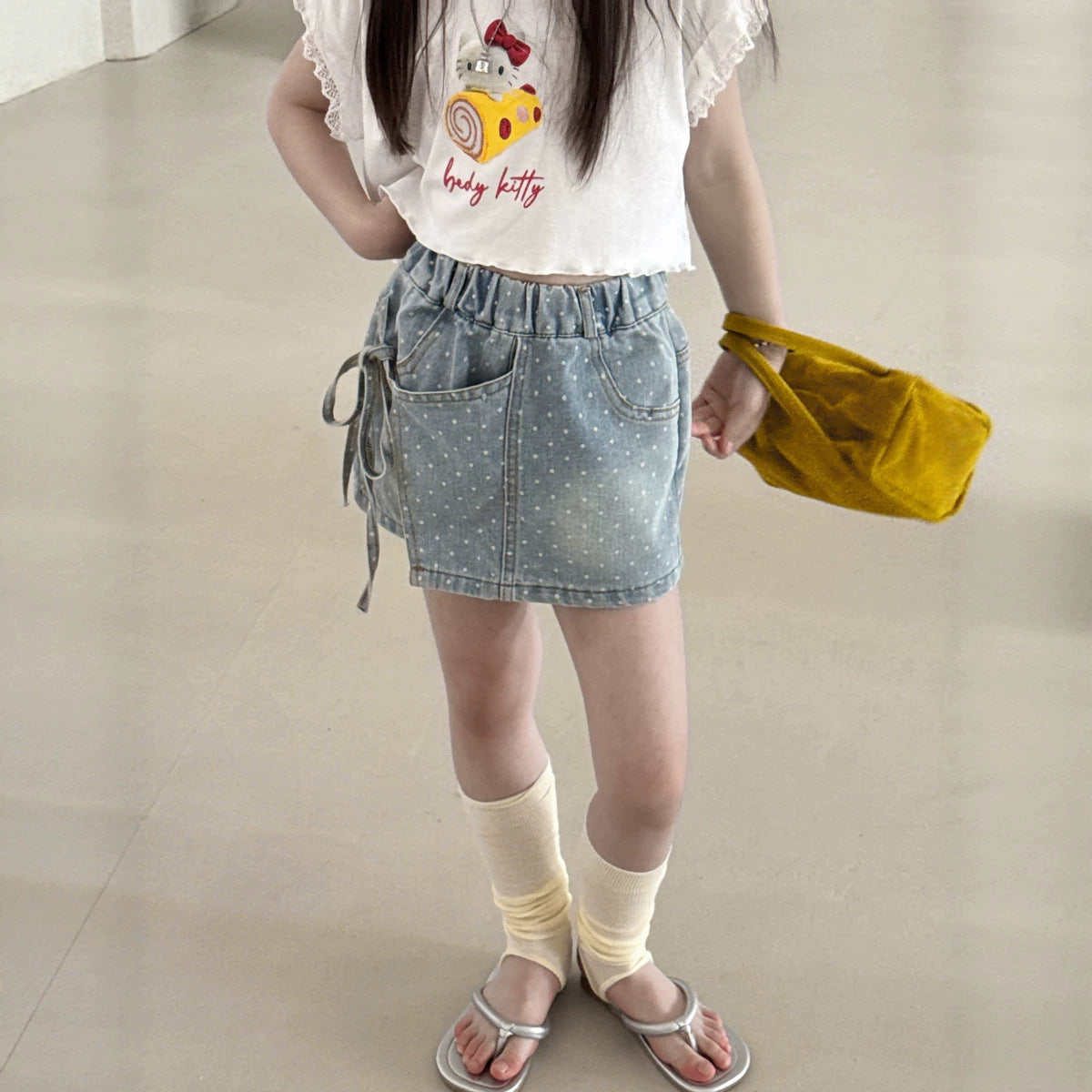 【100-150cm】韓版不規則繫帶蝴蝶結波點短褲裙