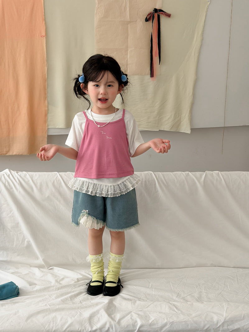 【90-140cm】韓版毛邊磨破時髦牛仔短褲