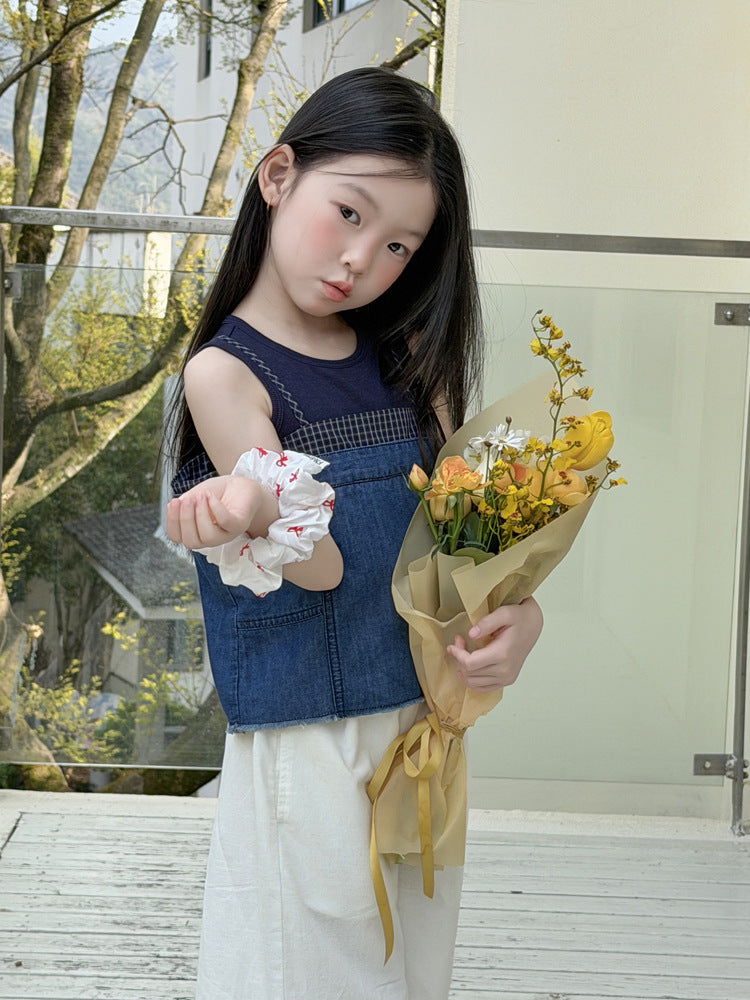 【100-170cm】復古格子拼接牛仔吊帶 | 內搭小背心