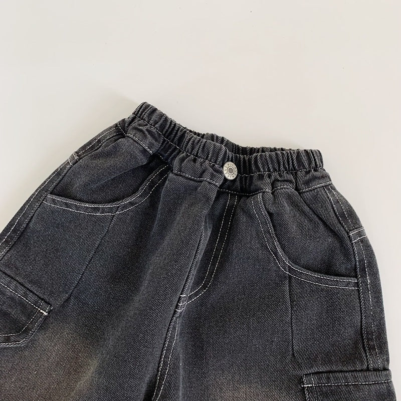 【現貨 90cm】純色口袋工裝牛仔直筒褲