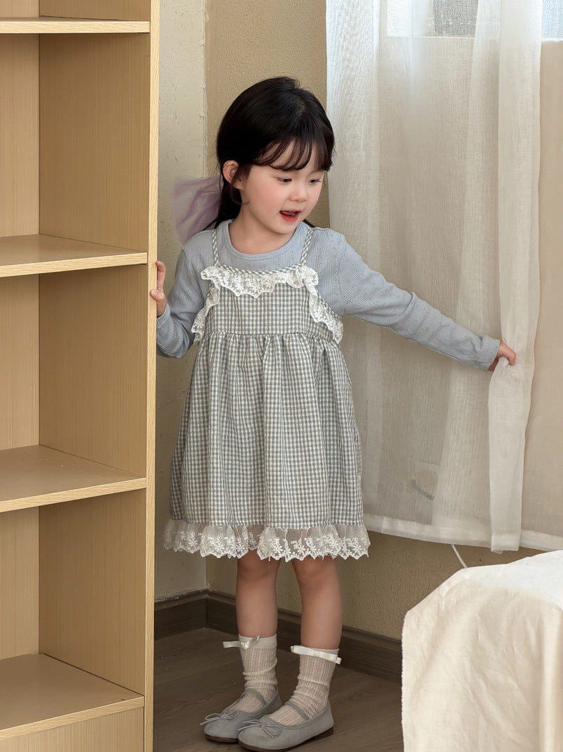 【90-140cm】花邊格子洋裝吊帶裙