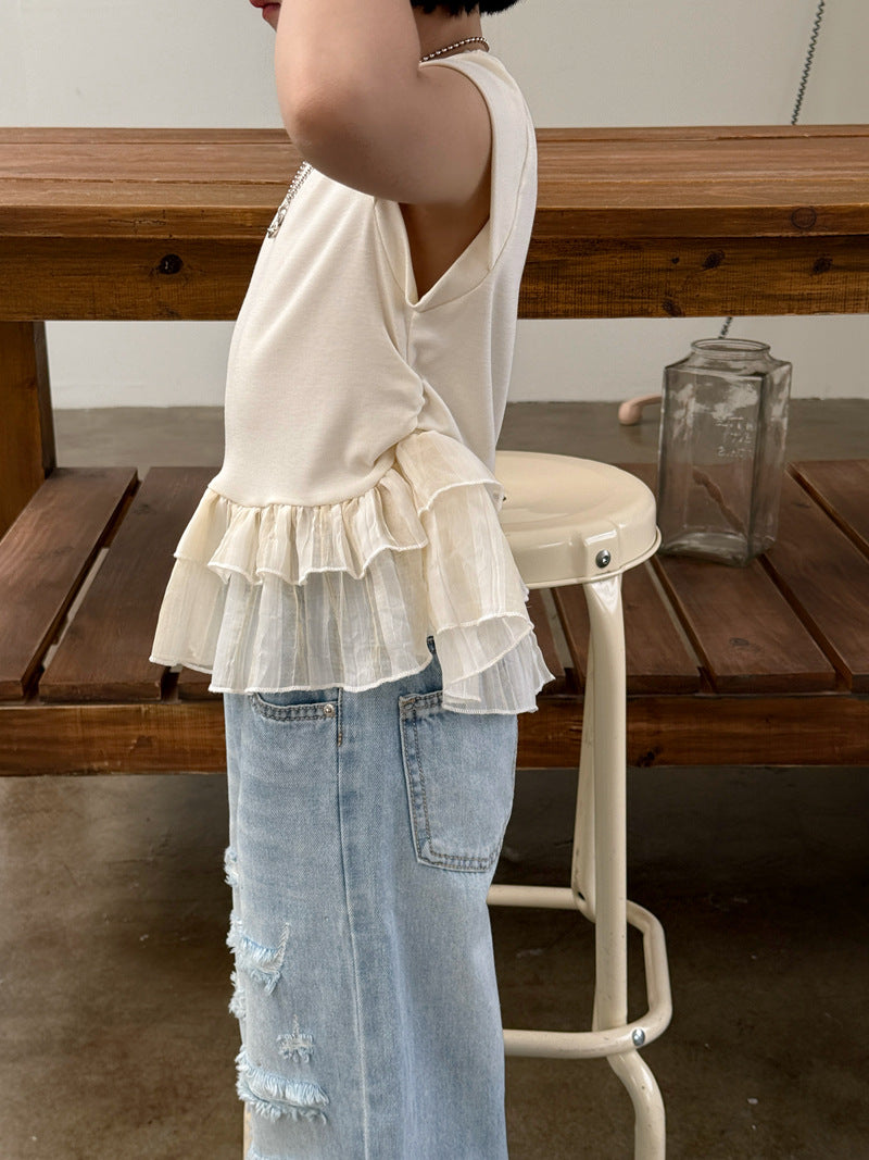 【120-160cm】彈性荷葉邊拼接短袖上衣