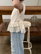 【120-160cm】彈性荷葉邊拼接短袖上衣