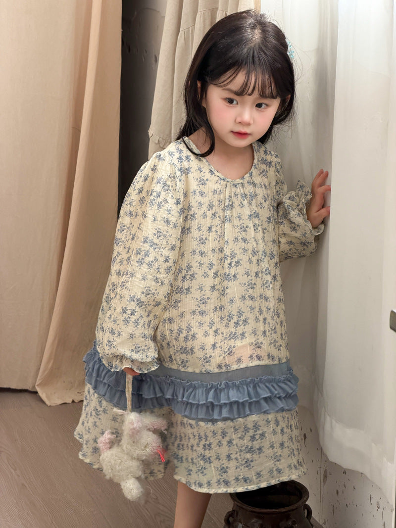 【90-140cm】雪紡碎花連身裙 | 小清新拼條公主連身裙