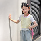 【100-170cm】萊賽爾撞色疊穿假兩件Ｔ