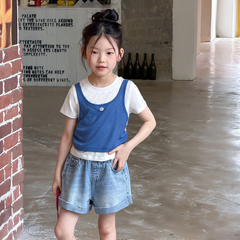 【100-170cm】萊賽爾撞色疊穿假兩件Ｔ