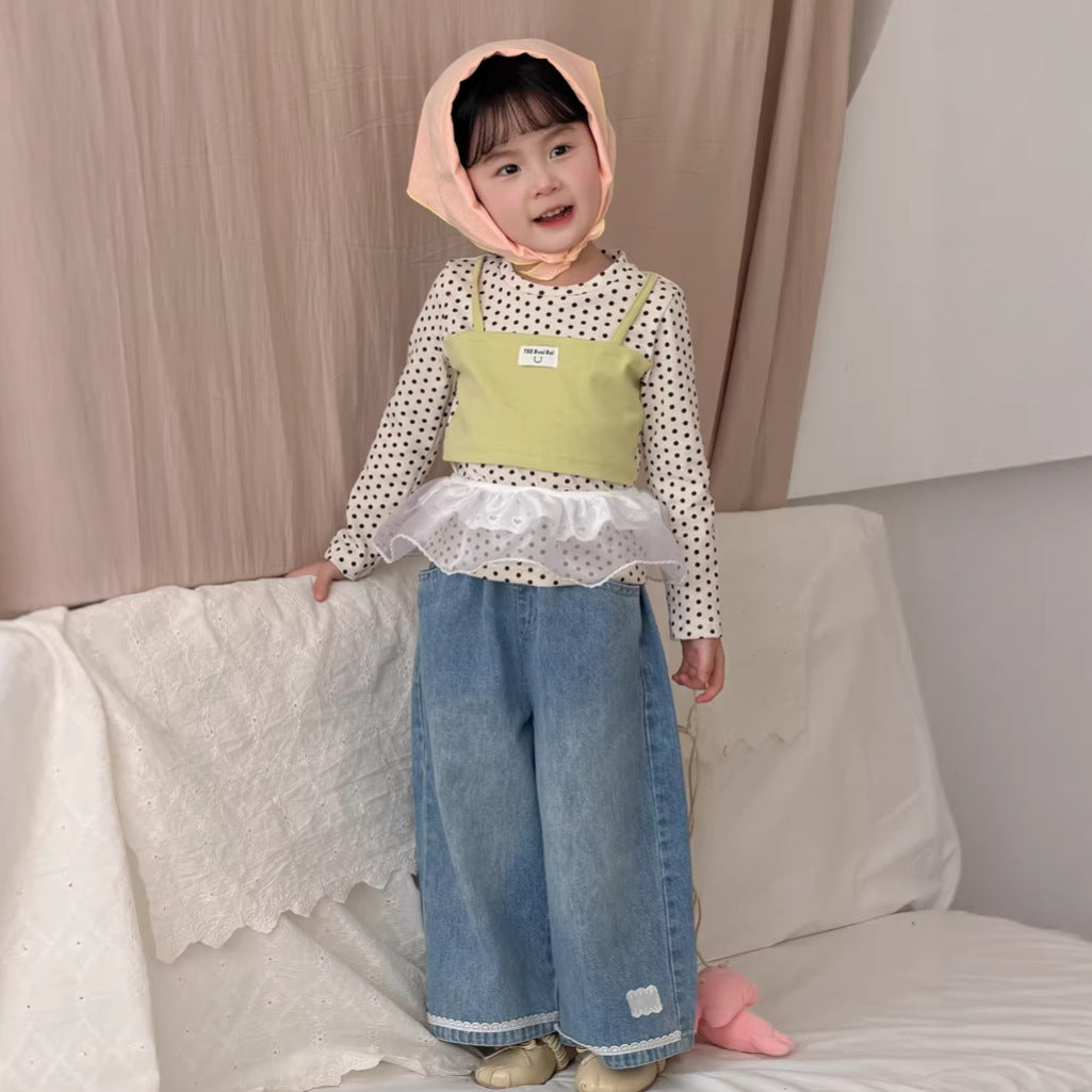 【90-140cm】韓版蕾絲花邊牛仔直筒褲