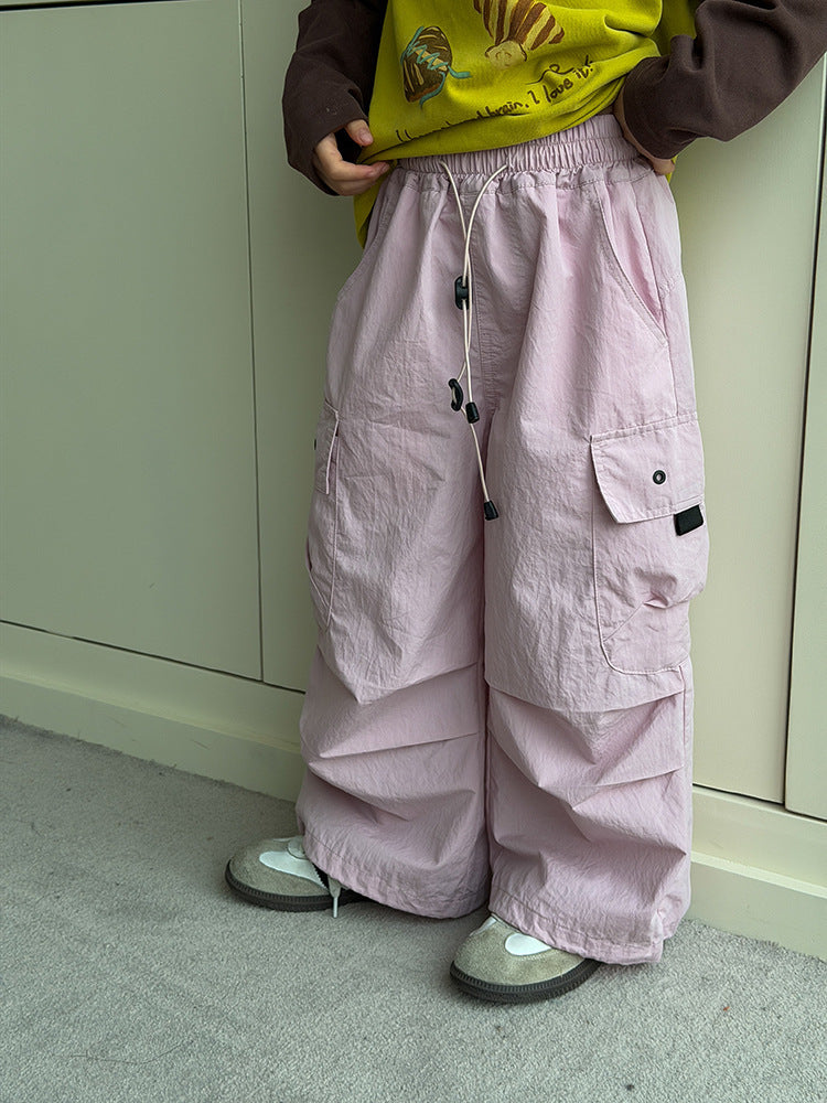 【100-170cm】抽繩寬鬆大口袋工裝褲