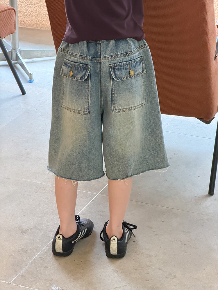 【100-170cm】街頭復古毛邊水洗牛仔七分褲