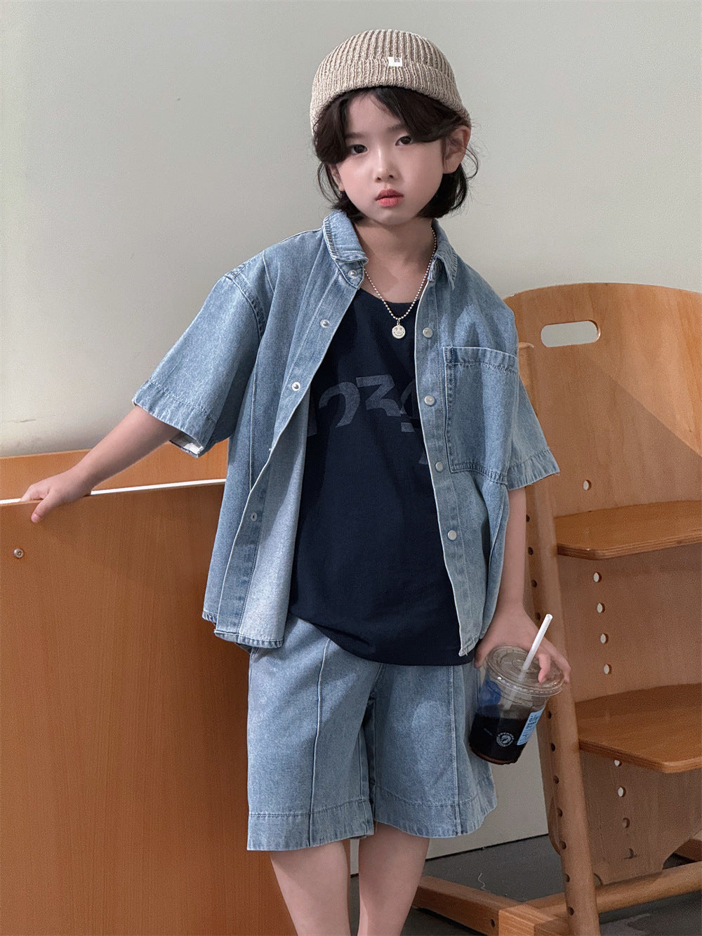【100-160cm】韓系復古薄款牛仔套裝