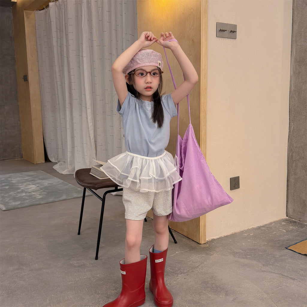 【80-130cm】韓版細條紋鬆緊腰短褲