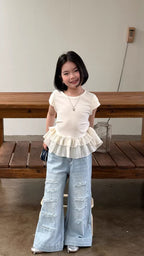 【120-160cm】破洞鑽牛仔直筒褲