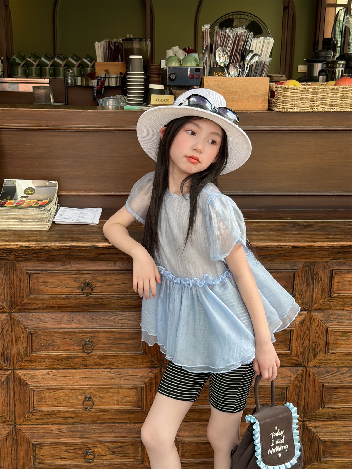【100-160cm】條紋假兩件打底褲