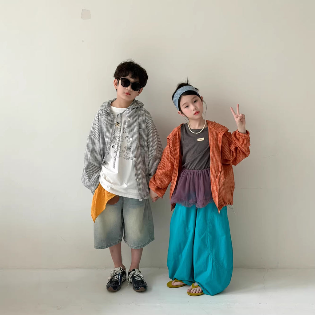 【100-160cm】韓版格子連帽外套