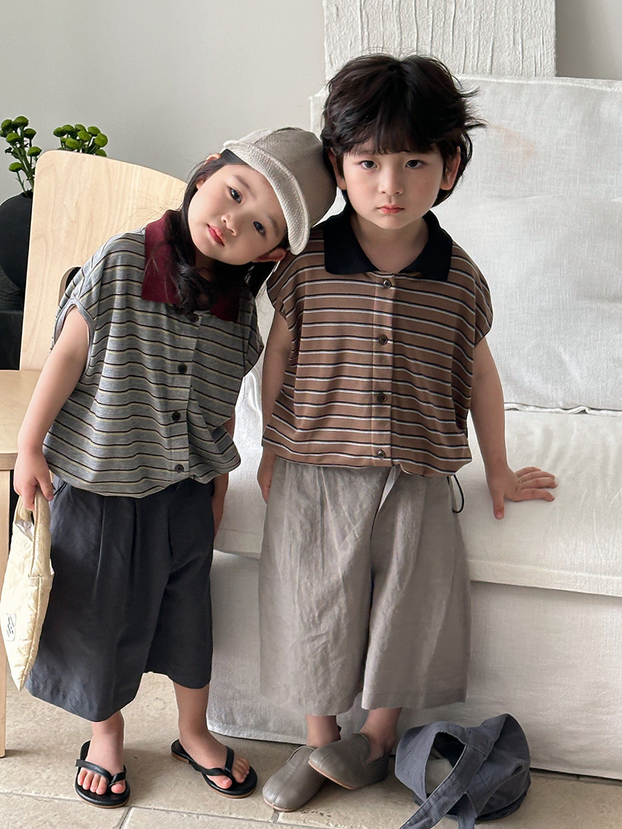 【80-140cm】森系復古條紋polo短袖