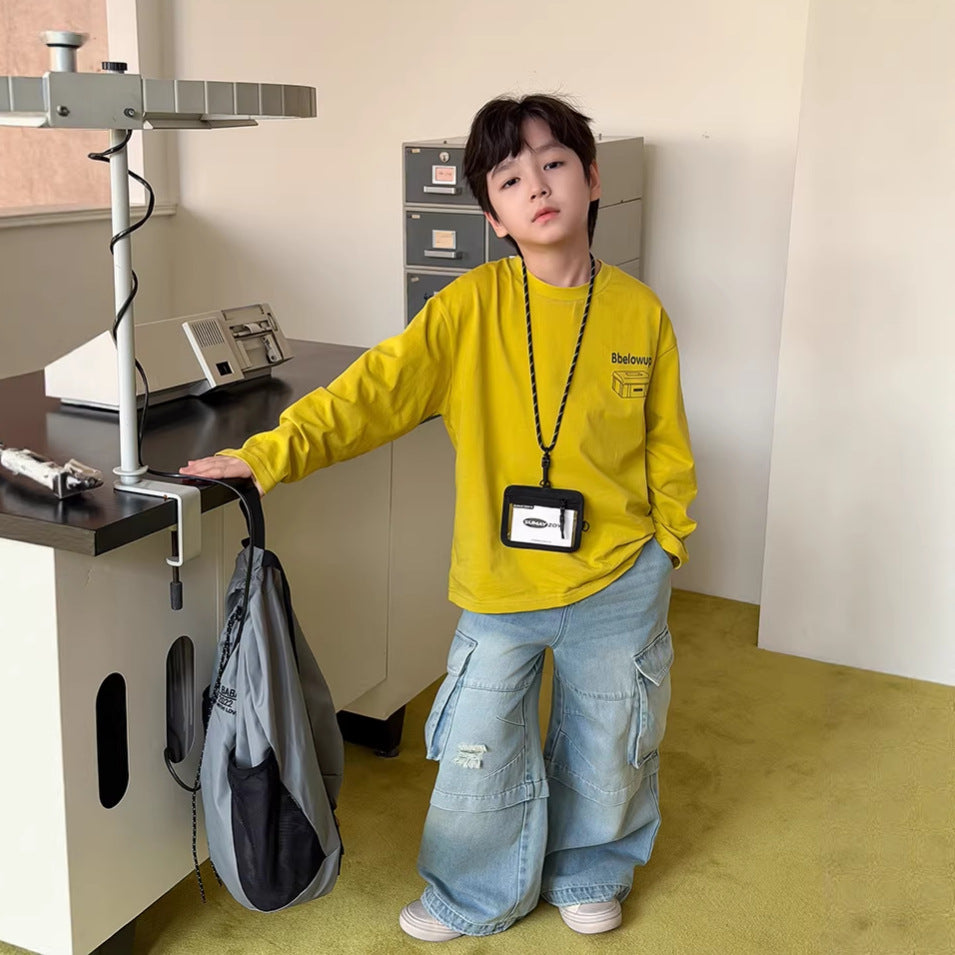 【100-170cm】重工砂洗破洞復古拼接直筒牛仔褲