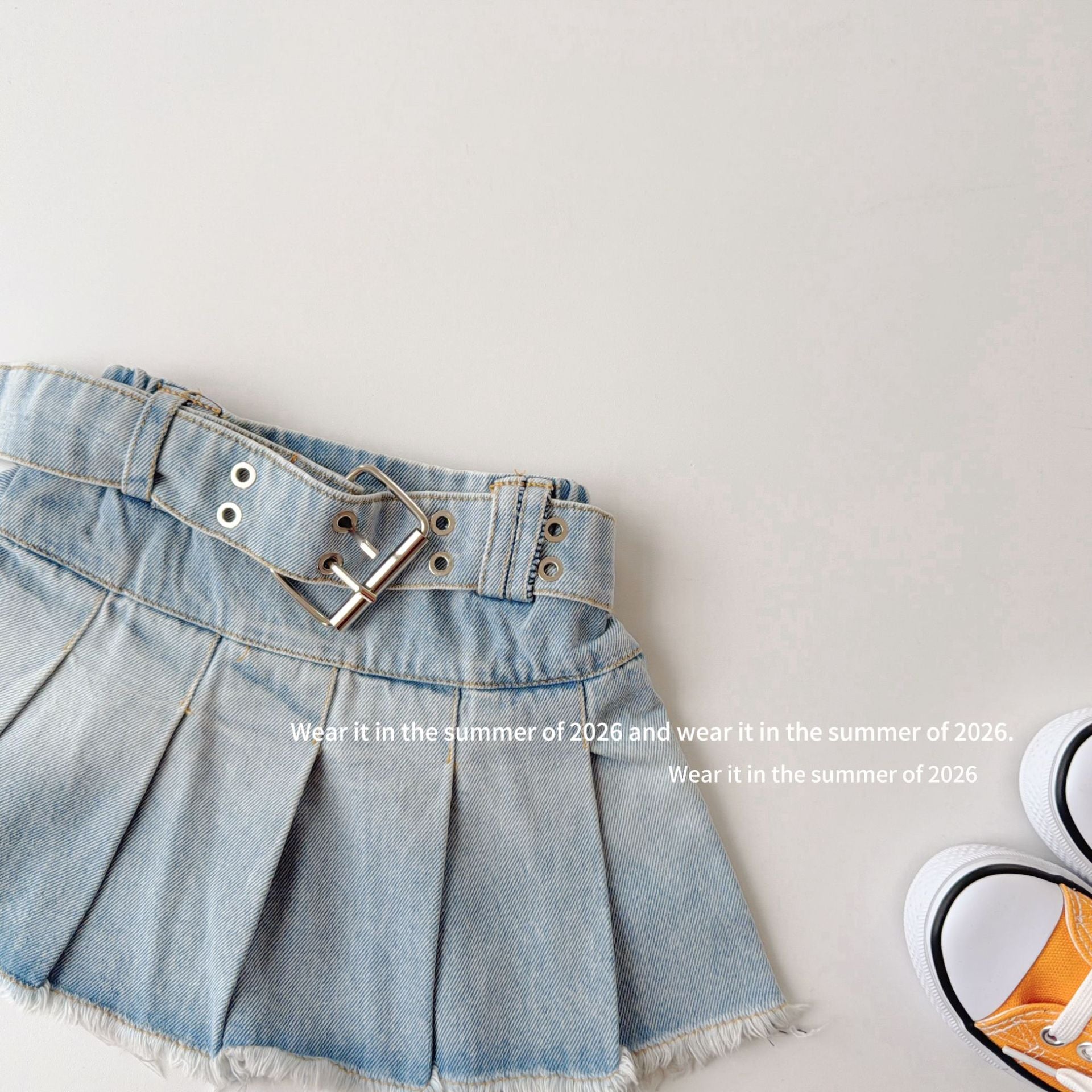 【90-150cm】荷葉邊鬆緊高腰牛仔百褶裙