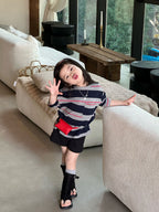 【90-140cm】條紋T | 黑色短褲