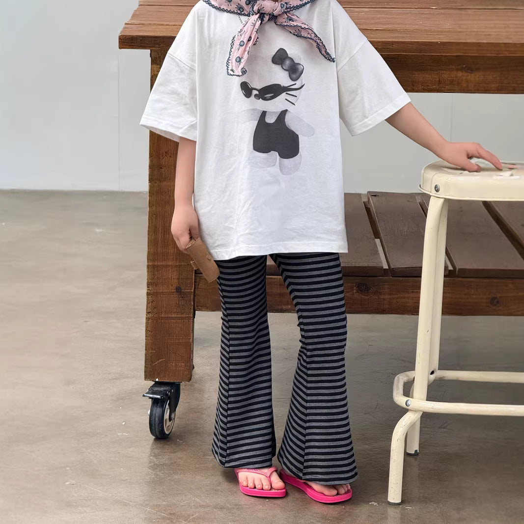 【120-160cm】條紋垂感彈性喇叭褲