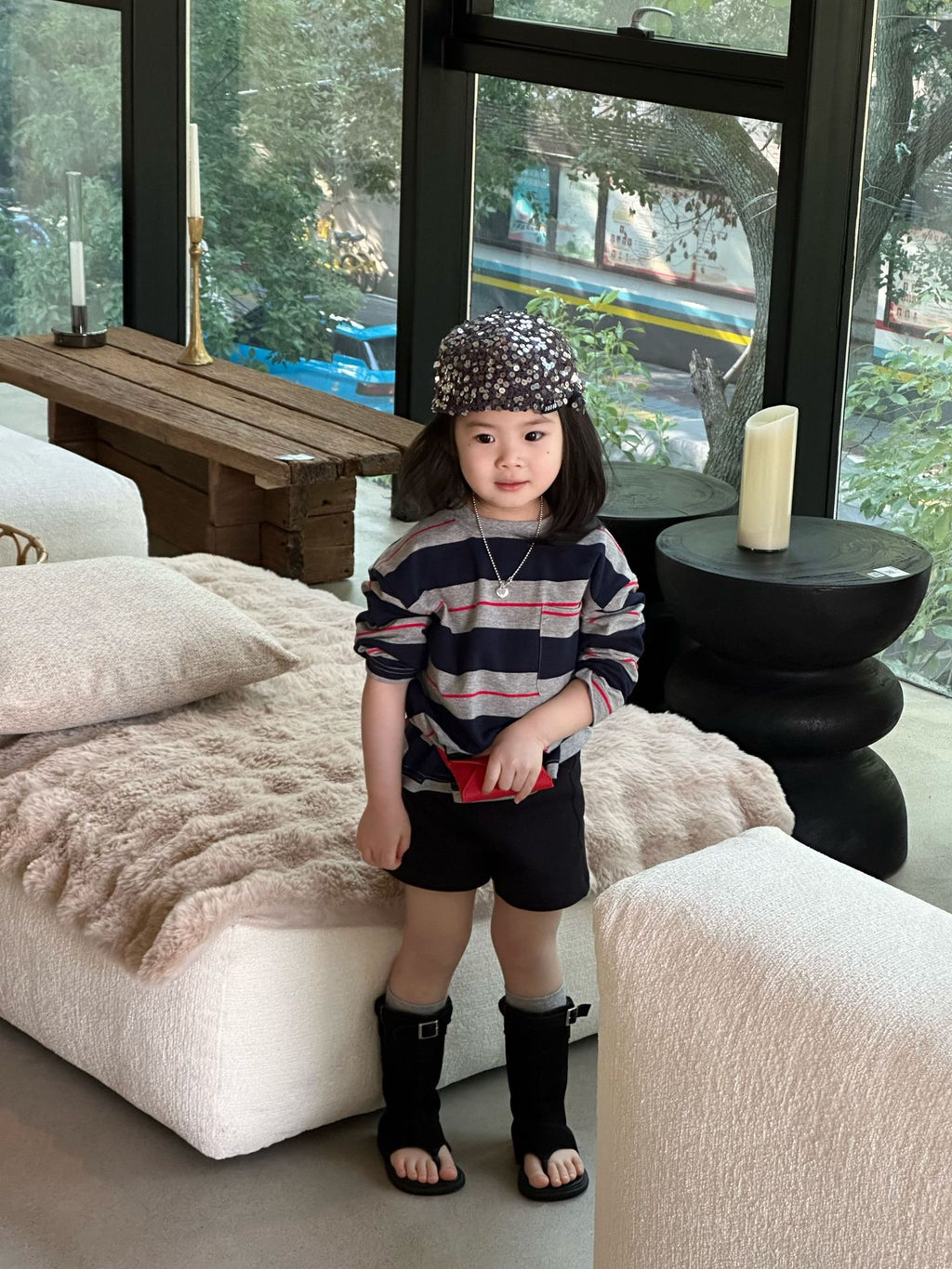 【90-140cm】條紋T | 黑色短褲