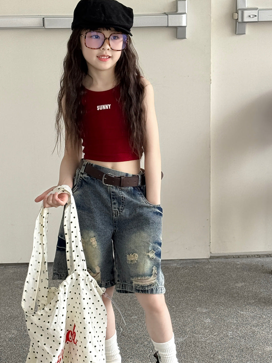 【100-150cm】美式復古做舊水洗破洞牛仔五分褲