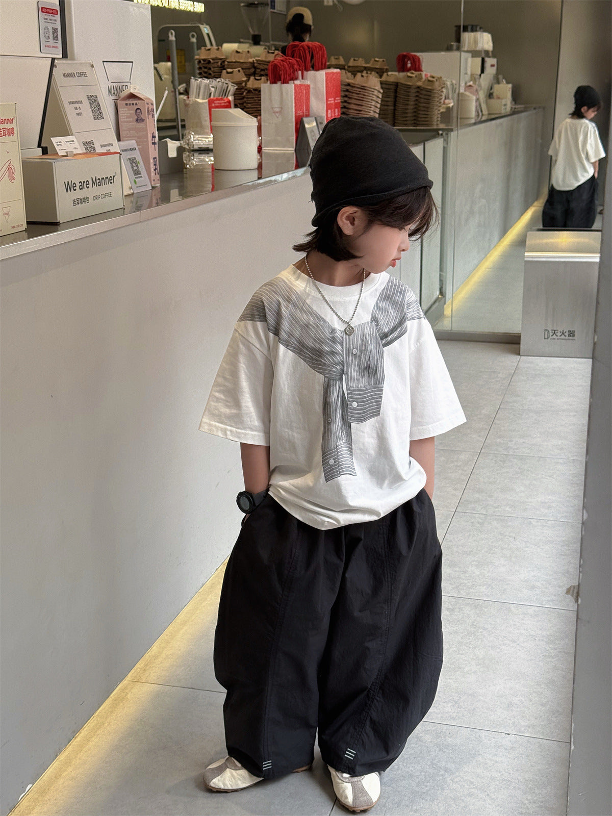 【100-160cm】學院風披肩印花寬鬆T