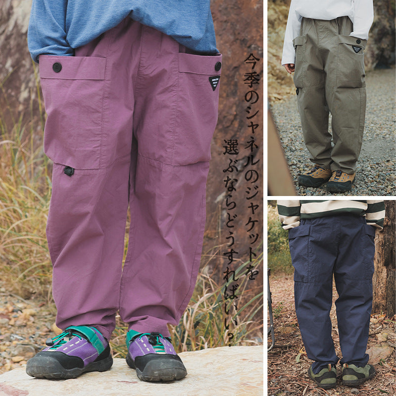 【100-160 cm】大口袋工裝褲復古直筒褲