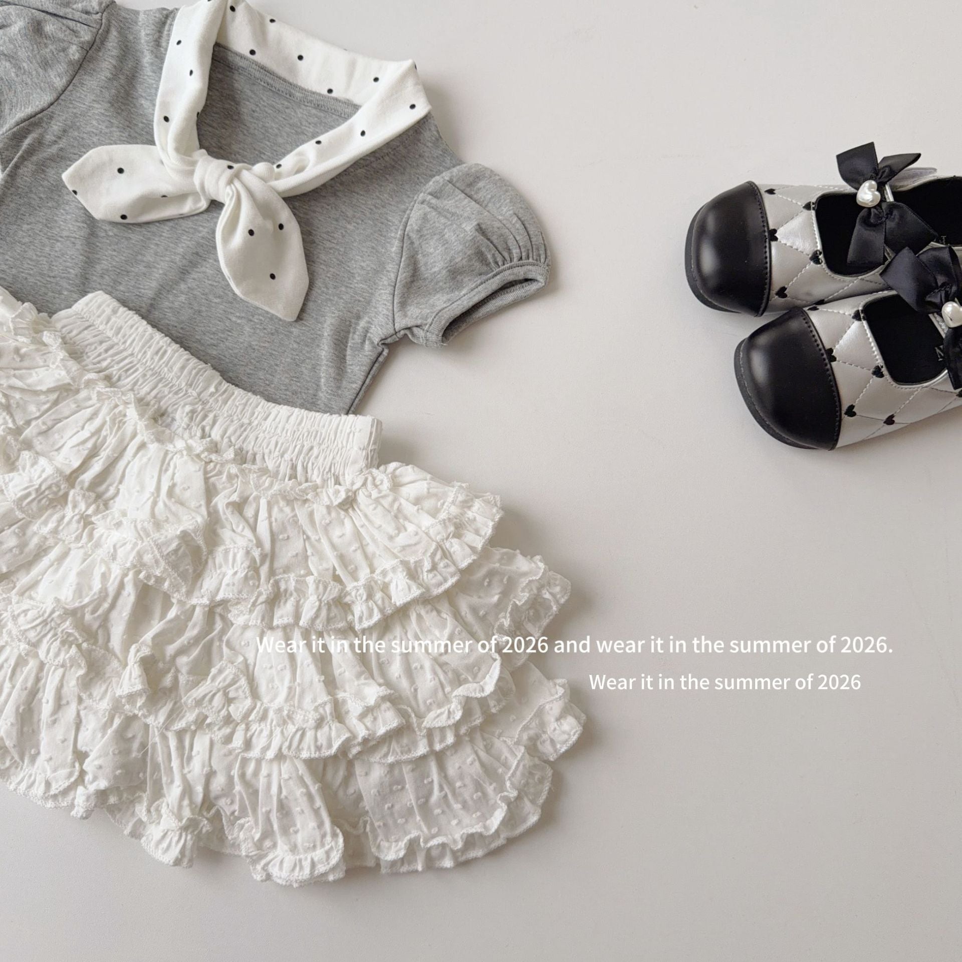 【90-150cm】復古波點蝴蝶結領短袖T